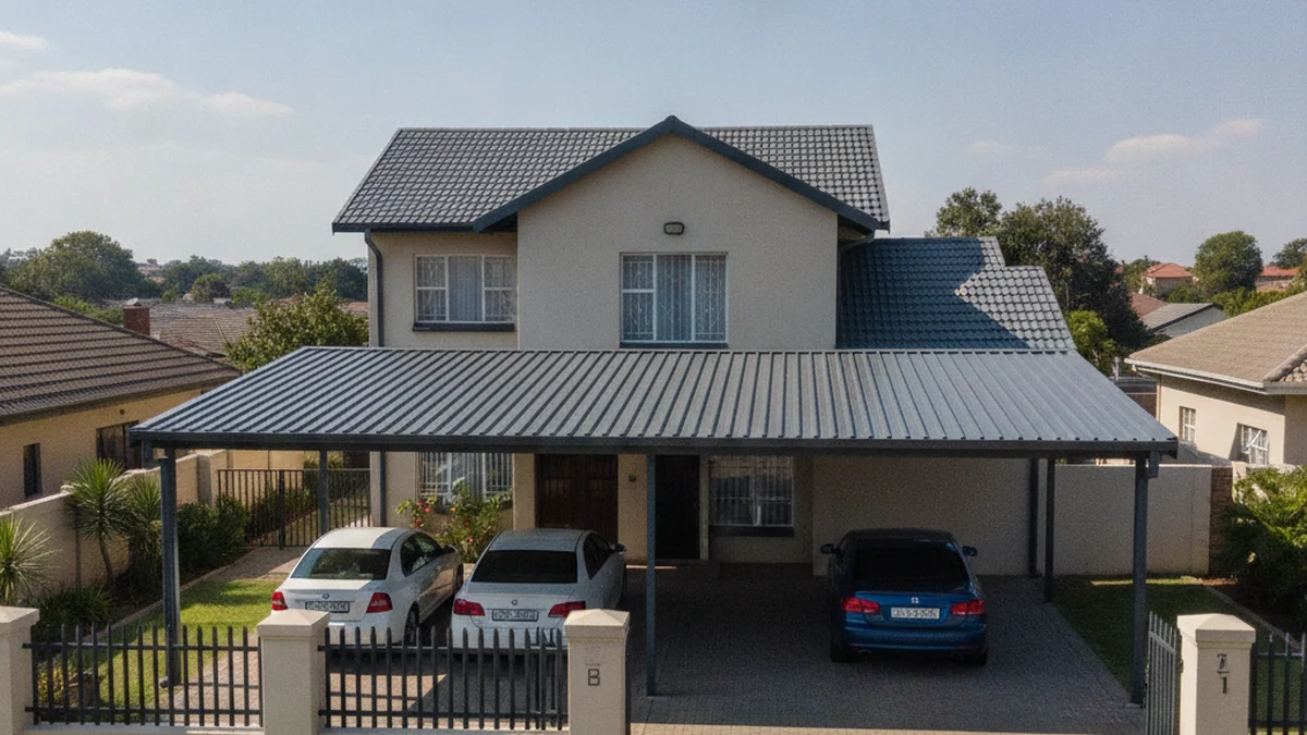 A compliant steel carport neatly matching the roof colour of a suburban Johannesburg house