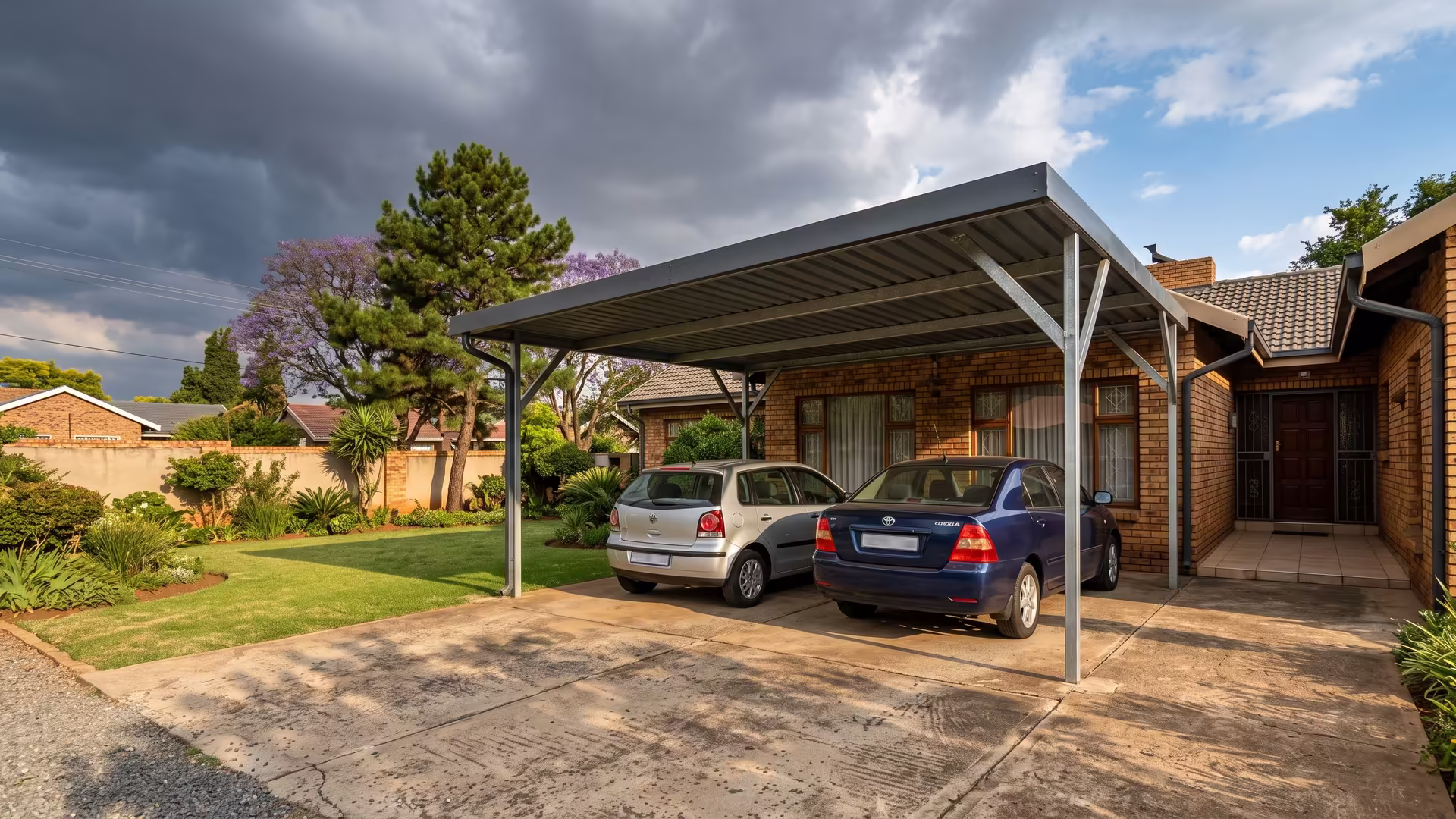 Galvanised steel double carport with a charcoal IBR roof on a freehold Randburg stand