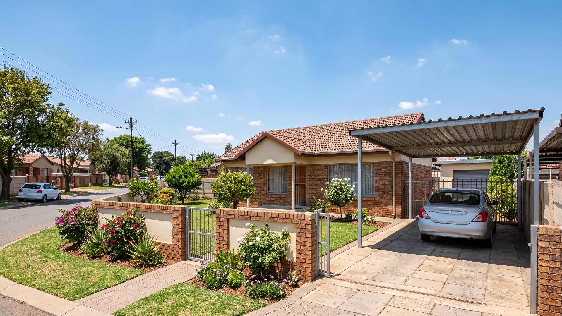 Single galvanised steel carport with an IBR roof on a Soweto township stand