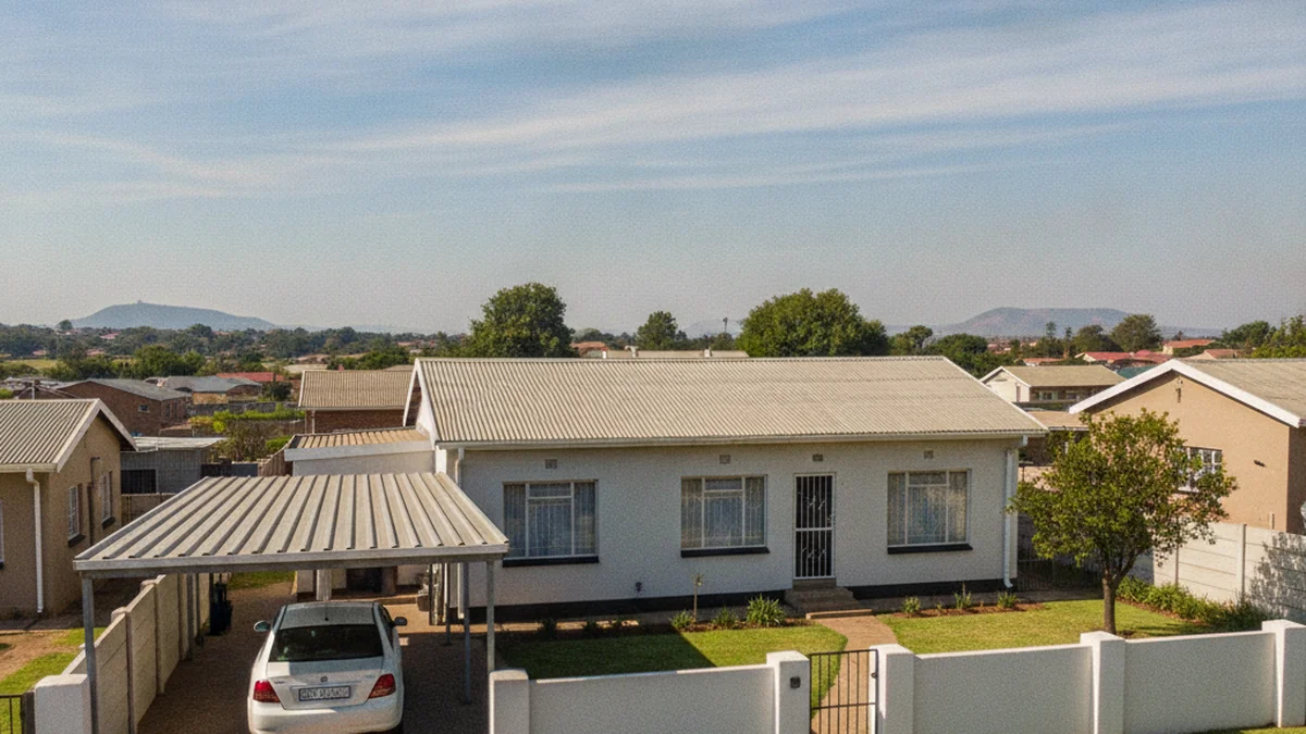 Value single steel carport covering a car at a neat suburban Soweto home