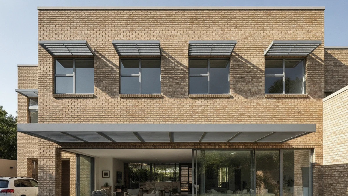 Metal window and patio awnings shading a modern face-brick Johannesburg house