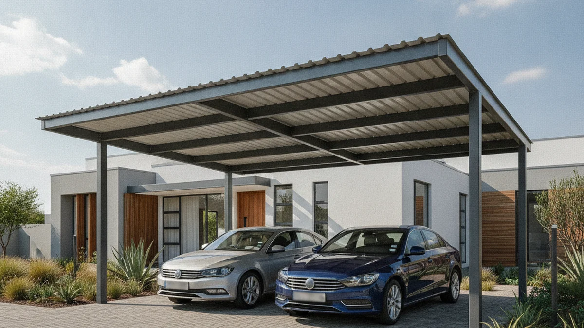Six-metre steel double carport covering two cars side by side at a Johannesburg house