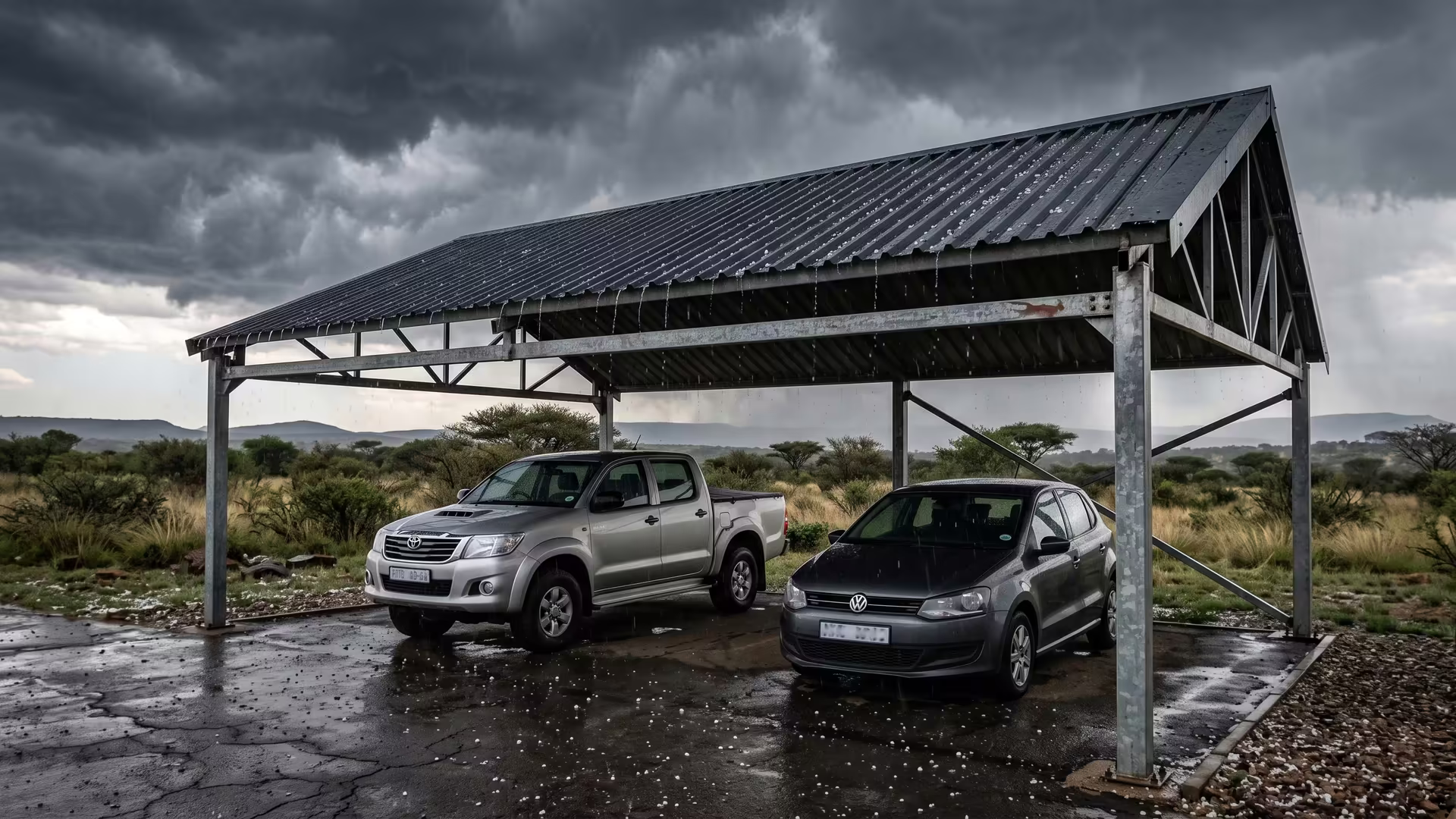 Steel carport with an IBR roof protecting cars under a dark Highveld hailstorm sky