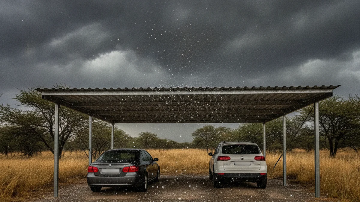 Steel carport with an IBR roof protecting cars under a dark Highveld hailstorm sky