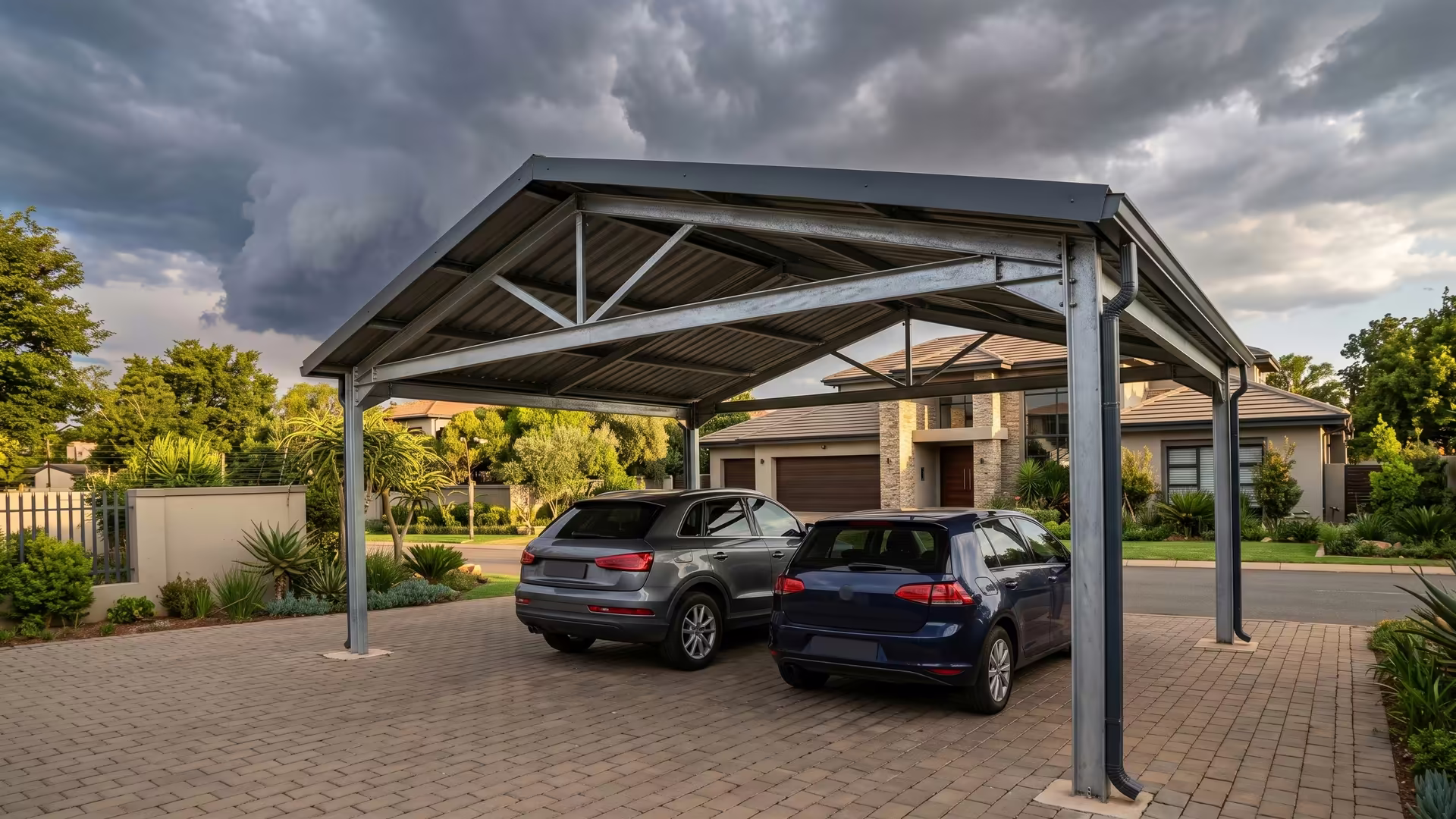 Galvanised steel double carport with a charcoal IBR roof sheltering two cars at a Johannesburg home under a Highveld storm sky