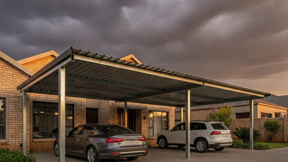 Galvanised steel double carport with a charcoal IBR roof sheltering two cars at a Johannesburg home under a Highveld storm sky