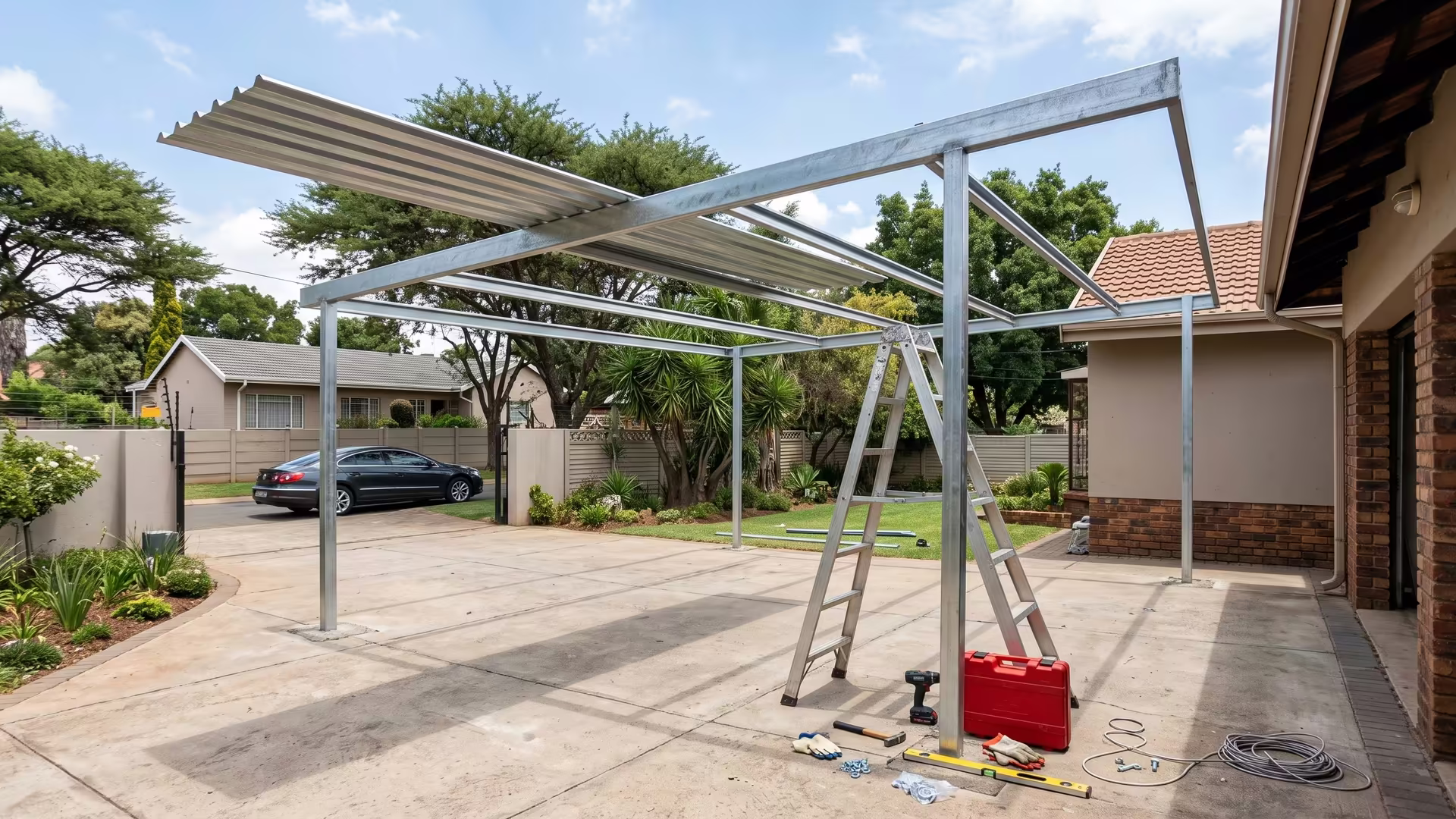 Galvanised steel carport frame part-way through installation on a suburban driveway