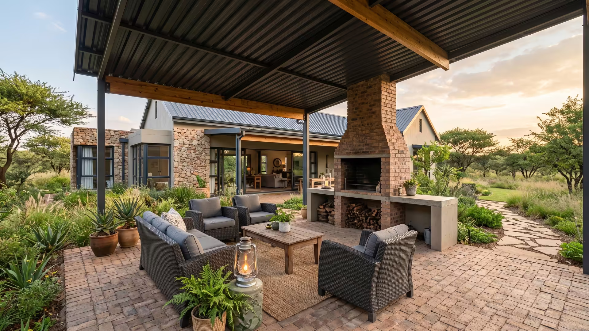 Covered patio with an IBR roof, outdoor furniture and a built-in braai at a Highveld home