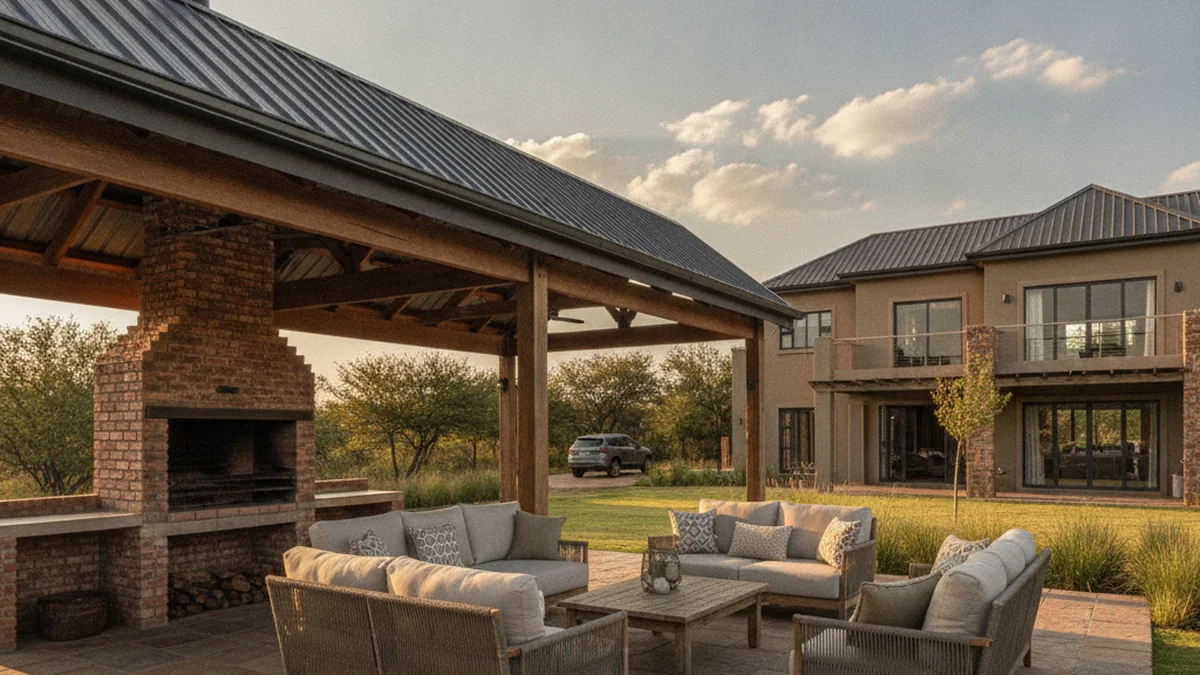Covered patio with an IBR roof, outdoor furniture and a built-in braai at a Highveld home