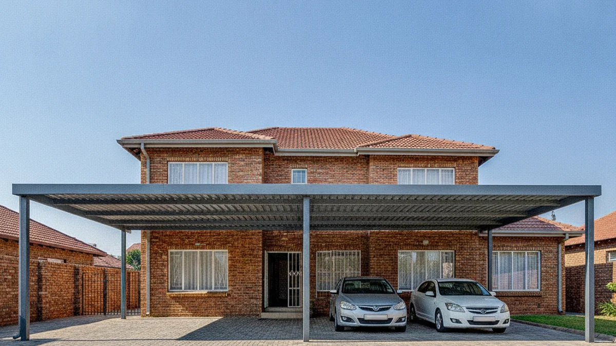Freestanding steel double carport with an IBR roof in front of a face-brick Johannesburg home