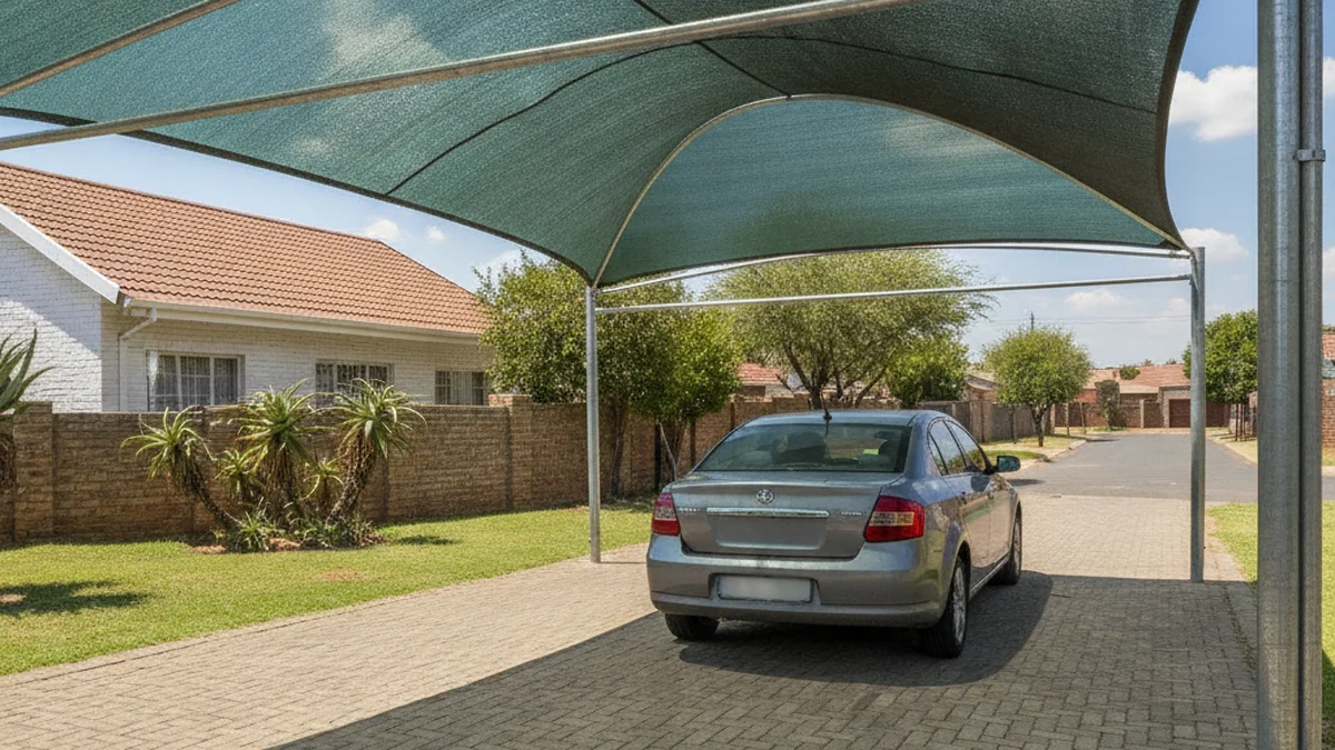 Shade-net shadeport with a green shade-cloth roof covering a car on a suburban driveway