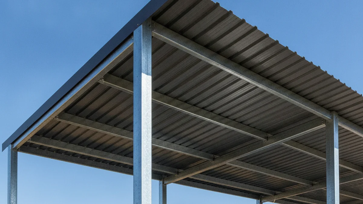 Close detail of a charcoal IBR steel carport roof and galvanised steel support posts