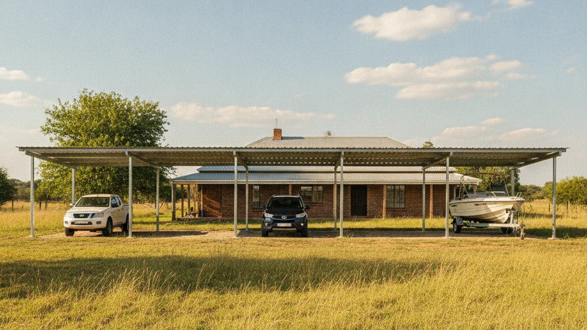 Wide four-bay steel carport on a Gauteng plot covering a bakkie, a car and a boat on a trailer