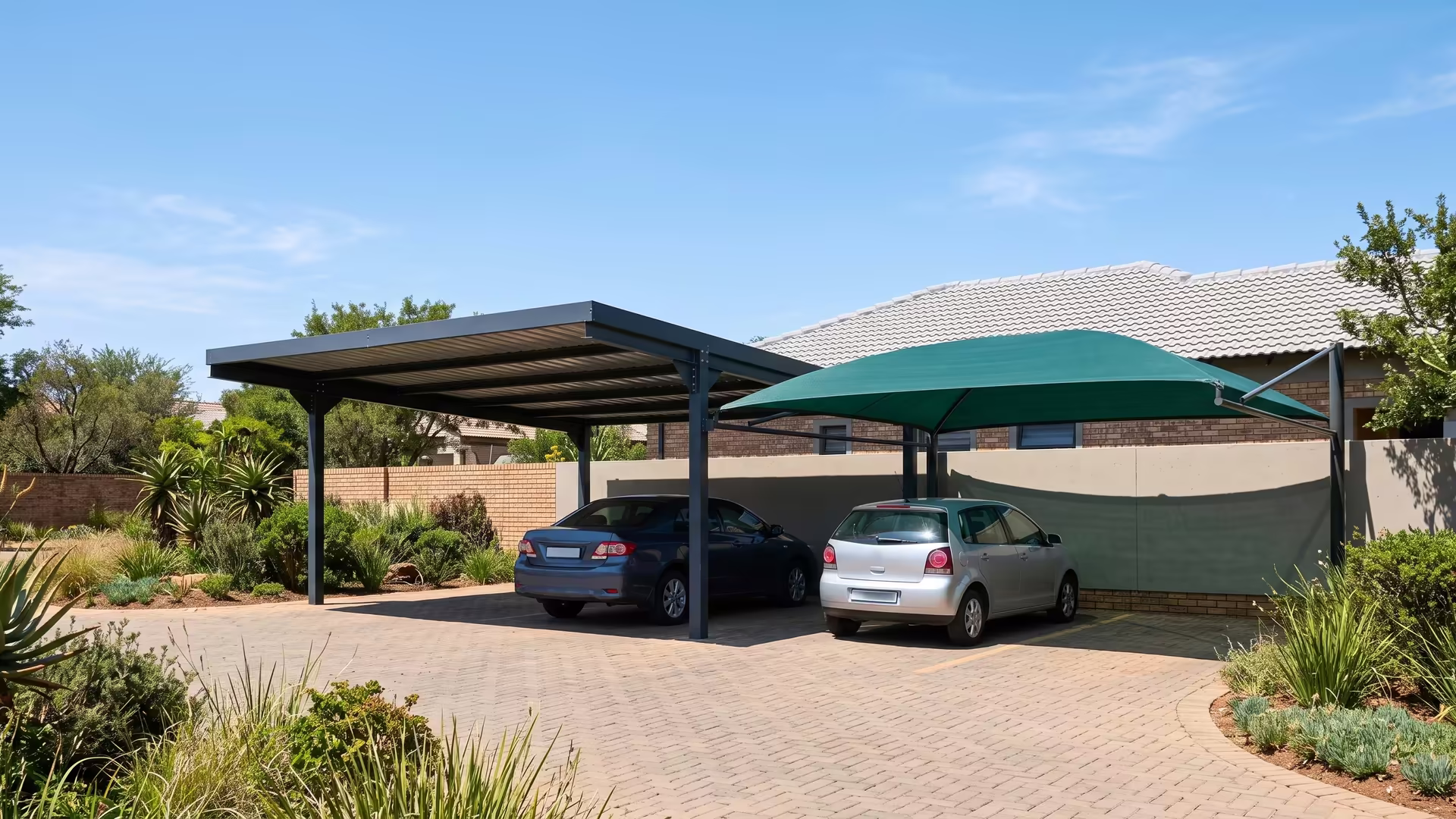 A solid IBR-roof steel carport beside a green shade-net shadeport in one driveway