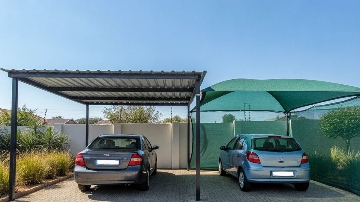 A solid IBR-roof steel carport beside a green shade-net shadeport in one driveway