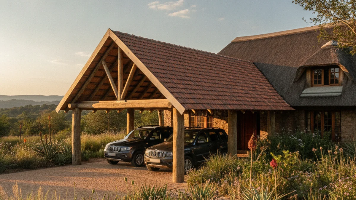 Timber carport with log posts and a tiled roof matching a thatch-roof Highveld home